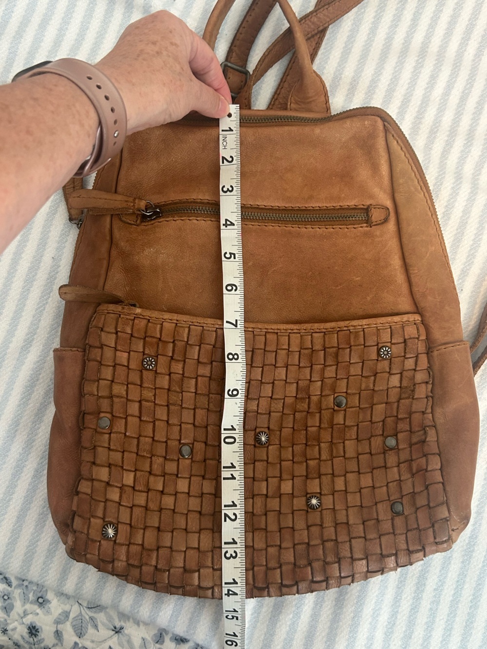 ZOA Genuine Leather Woven Backpack Cognac Brown Studded Boho Bag - Picture 12 of 16